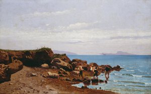Fiskere på den napolitanske kyst, med øen Capri i baggrunden, af Guglielmo Ciardi (1842-1917), olie på lærred, 47,5x76,5 cm