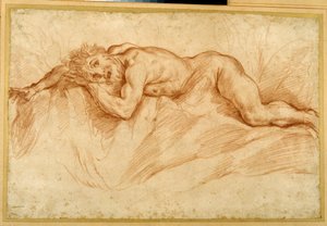 En rædselsslagen nøgen mand, tilbøjelig på stenet jord (rødt kridt på papir) af Guido Reni