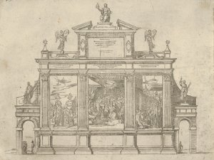 Facade af et triumfmonument med tre scener, der viser pave Clemens VIII