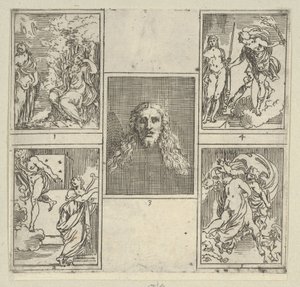 Fem nummererede scener, hver efter en maler i Accademia Degli Incamminati, fra IL FUME..., 1603. af Guido Reni