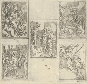 Fem nummererede scener, hver efter en maler i Accademia Degli Incamminati, fra IL FUME..., 1603. af Guido Reni