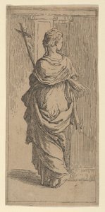 Pige, der bærer et krucifiks og træder mod en pilaster, set bagfra, ca. 1590-1600. af Guido Reni