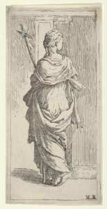 Pige, der bærer et krucifiks og træder mod en pilaster, set bagfra, ca. 1590-1600. af Guido Reni