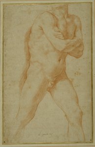 Nøgen mand skrider frem, med armene foldede og kigger over denne højre skulder (rødt kridt på cremepapir) af Guido Reni