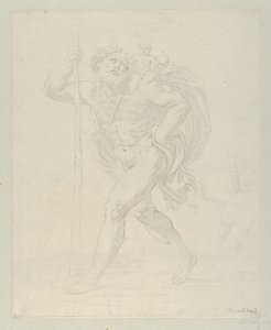 Sankt Christopher gående med spædbarnet Kristus på venstre skulder, modpro..., ca. 1600-1640. af Guido Reni