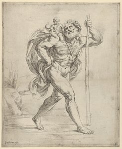 Sankt Christopher går med spædbarnet Kristus på sin højre skulder, ca. 1600-1640. af Guido Reni
