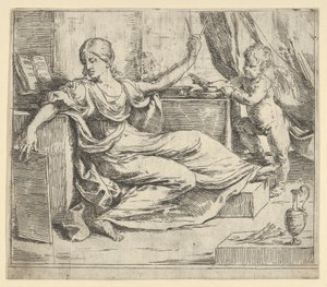 Siddende kvinde holder en tablet og kompas allegori om læring, en bevinget putto ..., ca. 1600-1640. af Guido Reni