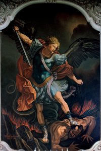 Ærkeenglen Saint Michael Terrassing the Dragon Maleri af V. M. De Girolamo (20. århundrede) efter Guido Reni. 1957 af Guido Reni
