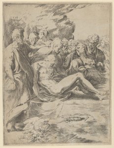 Begravelsen, Kristus med strakte ben, Jomfruen til højre, 1590-1600. af Guido Reni