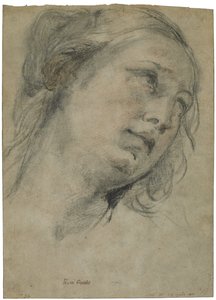 The Head of a Young Woman Looking Upward, ca. 1609 (sort og rødt kridt med strejf af hvidt kridt på brunt lagt papir) af Guido Reni
