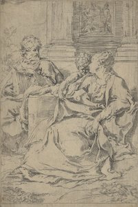 Den hellige familie sad sammen foran en søjlegang, Saint Joseph læste og..., ca. 1590-1610. af Guido Reni