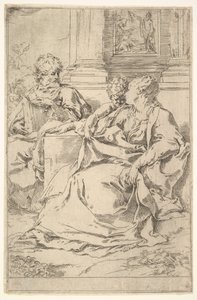 Den hellige familie med bibelsk scene i baggrunden. af Guido Reni