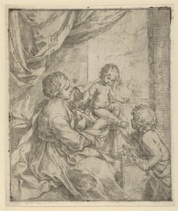 Jomfruen og Barnet ved et bord med den unge Johannes Døberen, ca. 1600-1640. af Guido Reni
