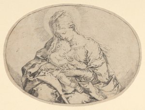 Jomfruen holder spædbarnet Kristus, en oval komposition, ca. 1600-1640. af Guido Reni