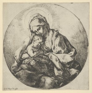 Jomfruen holder spædbarnet Kristus med fingrene på højre hånd skjult, en ..., ca 1600-1640. af Guido Reni