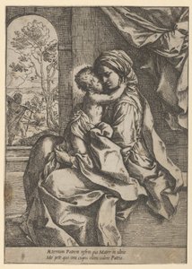 Jomfruen sad med Kristusbarnet på skødet og omfavnede hende, Joseph så..., ca. 1600-1613. af Guido Reni