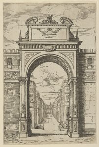 Triumfbue overvundet af en statue af Moses, bygninger set gennem buen nedenfor, en t..., 1598. af Guido Reni