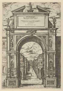 Triumfbue overvundet af en statue, der repræsenterer byen Bologna, bygninger set fra..., 1598. af Guido Reni