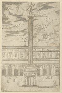 Triumfsøjle med berømt kvindeskikkelse, der holder en trompet øverst, en midlertidig dekoration..., 1598. af Guido Reni