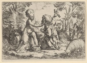 Den unge Sankt Johannes Døberen knæler foran det spæde Kristus, der kærtegner hans f..., ca. 1600-1640. af Guido Reni