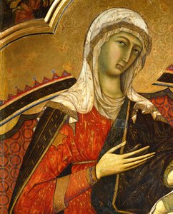 Marys ansigt, detalje fra Majestæt af Guido da Siena (ca 1230-ca 1290), detalje, Søjlesal, Palazzo Pubblico (rådhuset), Siena