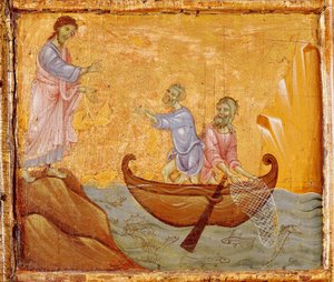 Mirakuløs fangst af fisk, detaljer fra Antependium of St Peter Enthroned by Guido da Siena (ca. 1250 -1300), tempera og guld på træ