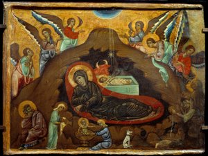 Fødselen. Maleri af Guido Da Siena (1200-tallet). Tempera på træ. Mål: 3,64 x 4,75 cm.
