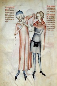 Kirurgi: læge undersøger sin patients led ved at strække en arm (osteopat). Miniature i ""Liber notables Philippi den syvende konge af frankerne, uddrag fra Galiens bøger"" skrevet af Gui (Guy) af Pavia