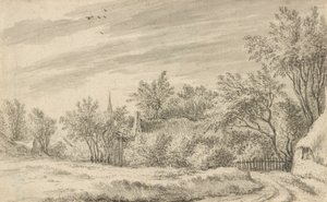 Landsbysti med kirkespir i det fjerne