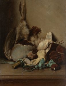 Still Life With Wood Pigeon og pulverhorn af Guillaume Anne van der Brugghen