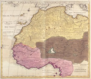 Kort over Barbaria (Marokko, Algeriet, Tunesien, Libyen), Nigritude (Mali, Burkina Faso, Niger) og Guinee (Senegal, Guinea, Sierra Leone, Liberia, Elfenbenskysten, Ghana, Togo, Benin, Nigeria) (radering)