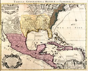 Kort over Mexico og Florida (USA) med de caribiske øer (Cuba, Haiti, Jamaica, Antiller) (radering