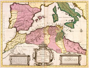 Kort over Nordafrika (Mauretanien, Marokko, Algeriet, Tunesien, Libyen) og Europa (Spanien, Portugal, Frankrig, Italien, Grækenland med Baleariske Øer, Sardinien, Korsika og Sicilien) (radering)