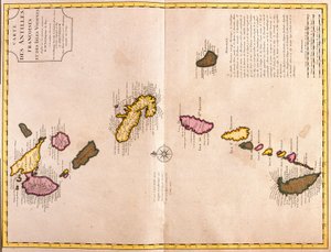 Kort over de caribiske øer (Guadeloupe, Marie Galante, Dominica, Martinique, Saint Lucia, Saint Vincent, Barbados, Grenadinerne og Grenada) (radering af Guillaume Delisle