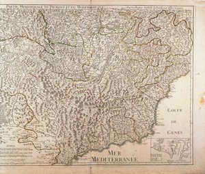 Sydlige Piemonte-region, Monferrato og Vestligurien-regionen. Kort af Guillaume de l