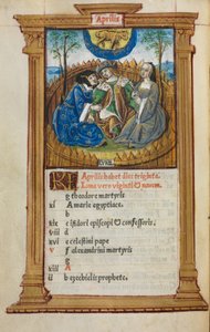 Trykt timebog (brug af Rom): fol. 5v, illustration af april-kalender af Guillaume Le Rouge