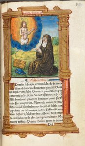 Trykt tidebog (brug af Rom): fol. 90r, Den hellige Birgitta i bøn før en tilsynekomst af Kristus af Guillaume Le Rouge