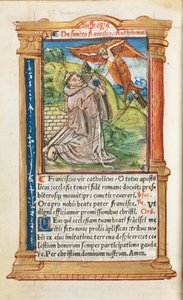 Trykt Timebog Brug af Rom: fol. 106v, Sankt Frans af Assisi, 1510. af Guillaume Le Rouge