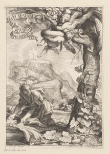 Allegorisk fremstilling af en anerkendt kvinde, der vander et kalabastræ; i baggrundsfigurerne bestiger et bjerg Titelside for: Giovanni Baptista Ferrari, Fasti Senenses, Ab Academia Intronatorum Editi, 1661 af Guillaume Vallet