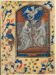 Blad fra en timebog: Jomfru og barn på tronen, ca. 1470-1480. af Guillaume Vrelant