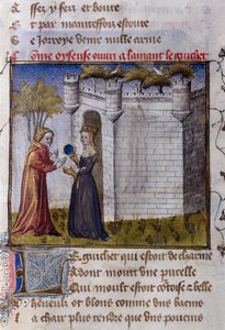 En galant scene mellem to elskende: Pigen inviterer sin elsker til at komme ind. Miniature fra "" Le Romanesque de la Rose "" af Guillaume de Lorris