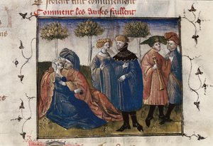 En galant scene af hoffolk, miniature i "Roman de la Rose" af Guillaume Lorris