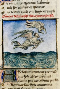 "" Dedale og Icarus "" (Icarus og Daedalus) For at flygte til Minos presser Dedale sin søn Icarus til at flyve væk takket være hans voksvinger. Miniature af Guillaume Lorris fra manuskriptet "" The Roman of the Rose ""