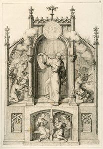 Luther vil ikke give aflad, til venstre: Johann Tetzel (1465-1519) brænder Luthers papirer, hovedbilledet: Luther hænger sine 95 teser op på kirkedøren i Wittenberg, til højre: studerende af universitetet i Wittenberg brænder af Gustav Ferdinand Leopold Konig