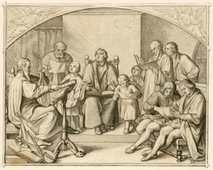 Luthers introduktion af tyske protestantiske religiøse salmer sammen med sine børn og venner under ledelse af Johannes Walther (1496-1570) af Gustav Ferdinand Leopold Konig