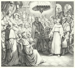 Martin Luther dukker op foran kejser Charles V ved rigsdagen i Worms (gravering)