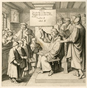 Martin Luther i skole med mange børn, fordi religionstimerne er meget vigtige for ham, til højre nogle lærere