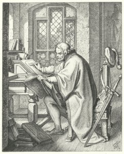 Martin Luther begynder oversættelsen af Bibelen på slottet Wartburg (gravering)