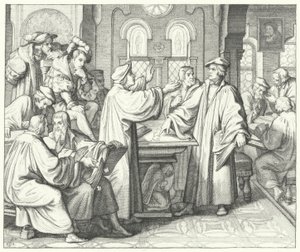 Martin Luther diskuterer nadveren med Huldrych Zwingli (gravering) af Gustav Ferdinand Leopold Konig