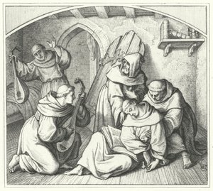 Martin Luther besvimer med en bibel i hånden, og hans venner bringer ham tilbage til fornuften (gravering) af Gustav Ferdinand Leopold Konig